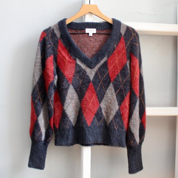 Evereve Navy Blue Red Lea Argyle V-Neck Pullover Eyelash Knit Sweater Size XS - Picture 1 of 6